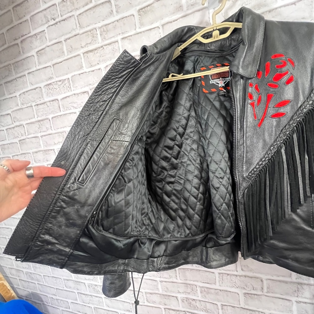 🚫SOLD! 🏍️🌹|•INTERSTATE LEATHER•| Rose Inlay Fringe Heavy Black Leather Jacket Si - Picture 8 of 15